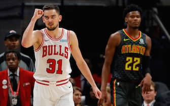 ATLANTA, GEORGIA - NOVEMBER 06:  Tomas Satoransky #31 of the Chicago Bulls reacts after hitting a three-point basket against Cam Reddish #22 of the Atlanta Hawks as time expires to end the first half at State Farm Arena on November 06, 2019 in Atlanta, Georgia.  NOTE TO USER: User expressly acknowledges and agrees that, by downloading and/or using this photograph, user is consenting to the terms and conditions of the Getty Images License Agreement.  (Photo by Kevin C. Cox/Getty Images)