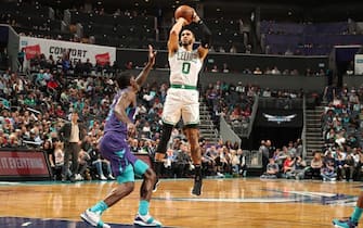 1180783313 CHARLOTTE, NC - NOVEMBER 7: Jayson Tatum #0 of the Boston Celtics shoots the ball against the Charlotte Hornets on November 7, 2019 at Spectrum Center in Charlotte, North Carolina. NOTE TO USER: User expressly acknowledges and agrees that, by downloading and or using this photograph, User is consenting to the terms and conditions of the Getty Images License Agreement. Mandatory Copyright Notice: Copyright 2019 NBAE (Photo by Kent Smith/NBAE via Getty Images)