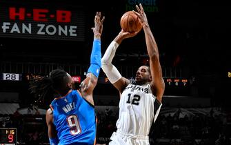SAN ANTONIO, TX - NOVEMBER 7: LaMarcus Aldridge #12 of the San Antonio Spurs shoots the ball against the Oklahoma City Thunder on November 7, 2019 at the AT&T Center in San Antonio, Texas. NOTE TO USER: User expressly acknowledges and agrees that, by downloading and or using this photograph, user is consenting to the terms and conditions of the Getty Images License Agreement. Mandatory Copyright Notice: Copyright 2019 NBAE (Photos by Logan Riely/NBAE via Getty Images)