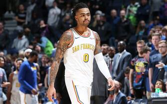 MINNEAPOLIS, MN - NOVEMBER 8: D'Angelo Russell #0 of the Golden State Warriors walks down the court during a game against the Minnesota Timberwolves on November 8, 2019 at Target Center in Minneapolis, Minnesota. NOTE TO USER: User expressly acknowledges and agrees that, by downloading and or using this Photograph, user is consenting to the terms and conditions of the Getty Images License Agreement. Mandatory Copyright Notice: Copyright 2019 NBAE (Photo by David Sherman/NBAE via Getty Images)
