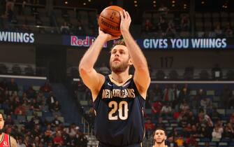 NEW ORLEANS, LA - NOVEMBER 8: Nicolo Melli #20 of the New Orleans Pelicans shoots the ball against the Toronto Raptors on November 8, 2019 at the Smoothie King Center in New Orleans, Louisiana. NOTE TO USER: User expressly acknowledges and agrees that, by downloading and or using this Photograph, user is consenting to the terms and conditions of the Getty Images License Agreement. Mandatory Copyright Notice: Copyright 2019 NBAE (Photo by Layne Murdoch Jr./NBAE via Getty Images)