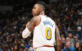 MINNEAPOLIS, MN - NOVEMBER 8: D'Angelo Russell #0 of the Golden State Warriors looks on during a game against the Minnesota Timberwolves on November 8, 2019 at Target Center in Minneapolis, Minnesota. NOTE TO USER: User expressly acknowledges and agrees that, by downloading and or using this Photograph, user is consenting to the terms and conditions of the Getty Images License Agreement. Mandatory Copyright Notice: Copyright 2019 NBAE (Photo by David Sherman/NBAE via Getty Images)