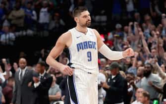 DALLAS, TEXAS - NOVEMBER 06: Nikola Vucevic #9 of the Orlando Magic reacts after missing his final shot of the game against Dwight Powell #7 of the Dallas Mavericks in the second half at American Airlines Center on November 06, 2019 in Dallas, Texas. NOTE TO USER: User expressly acknowledges and agrees that, by downloading and or using this photograph, User is consenting to the terms and conditions of the Getty Images License Agreement. (Photo by Tom Pennington/Getty Images)