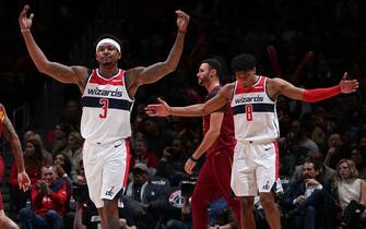 WASHINGTON, DC -Â NOVEMBER 8: Bradley Beal #3 of the Washington Wizards reacts to a play against the Cleveland Cavaliers on November 8, 2019 at Capital One Arena in Washington, DC. NOTE TO USER: User expressly acknowledges and agrees that, by downloading and or using this Photograph, user is consenting to the terms and conditions of the Getty Images License Agreement. Mandatory Copyright Notice: Copyright 2019 NBAE (Photo by Ned Dishman/NBAE via Getty Images)