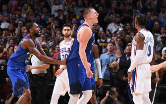 DENVER, CO - NOVEMBER 8: Nikola Jokic #15 of the Denver Nuggets reacts to a play against the Philadelphia 76ers on November 8, 2019 at the Pepsi Center in Denver, Colorado. NOTE TO USER: User expressly acknowledges and agrees that, by downloading and/or using this Photograph, user is consenting to the terms and conditions of the Getty Images License Agreement. Mandatory Copyright Notice: Copyright 2019 NBAE (Photo by Garrett Ellwood/NBAE via Getty Images)