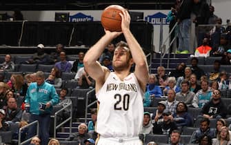 1181263341 CHARLOTTE, NC - NOVEMBER 9: Nicolo Melli #20 of the New Orleans Pelicans shoots the ball against the Charlotte Hornets on November 9, 2019 at Spectrum Center in Charlotte, North Carolina. NOTE TO USER: User expressly acknowledges and agrees that, by downloading and or using this photograph, User is consenting to the terms and conditions of the Getty Images License Agreement. Mandatory Copyright Notice: Copyright 2019 NBAE (Photo by Brock Williams-Smith/NBAE via Getty Images)