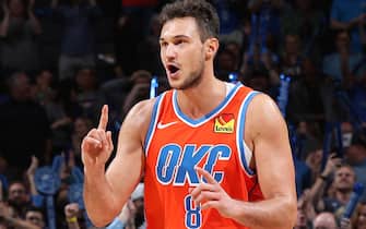 OKLAHOMA CITY, OK- NOVEMBER 10: Danilo Gallinari #8 of the Oklahoma City Thunder reacts to a play during the game against the Milwaukee Bucks on November 10, 2019 at Chesapeake Energy Arena in Oklahoma City, Oklahoma. NOTE TO USER: User expressly acknowledges and agrees that, by downloading and or using this photograph, User is consenting to the terms and conditions of the Getty Images License Agreement. Mandatory Copyright Notice: Copyright 2019 NBAE (Photo by Zach Beeker/NBAE via Getty Images)