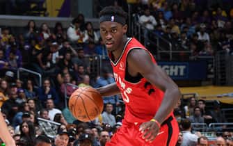 LOS ANGELES, CA - NOVEMBER 10: Pascal Siakam #43 of the Toronto Raptors handles the ball against the Los Angeles Lakers on November 10, 2019 at STAPLES Center in Los Angeles, California. NOTE TO USER: User expressly acknowledges and agrees that, by downloading and/or using this Photograph, user is consenting to the terms and conditions of the Getty Images License Agreement. Mandatory Copyright Notice: Copyright 2019 NBAE (Photo by Andrew D. Bernstein/NBAE via Getty Images)