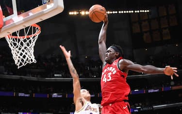 LOS ANGELES, CA - NOVEMBER 10: Pascal Siakam #43 of the Toronto Raptors dunks the ball against the Los Angeles Lakers on November 10, 2019 at STAPLES Center in Los Angeles, California. NOTE TO USER: User expressly acknowledges and agrees that, by downloading and/or using this Photograph, user is consenting to the terms and conditions of the Getty Images License Agreement. Mandatory Copyright Notice: Copyright 2019 NBAE (Photo by Andrew D. Bernstein/NBAE via Getty Images)