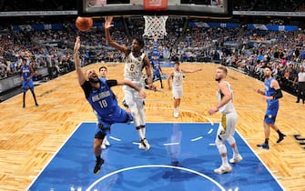 ORLANDO, FL - NOVEMBER 10:  Evan Fournier #10 of the Orlando Magic drives to the basket against the Indiana Pacers on November 10, 2019 at Amway Center in Orlando, Florida. NOTE TO USER: User expressly acknowledges and agrees that, by downloading and or using this photograph, User is consenting to the terms and conditions of the Getty Images License Agreement. Mandatory Copyright Notice: Copyright 2019 NBAE (Photo by Fernando Medina/NBAE via Getty Images)
