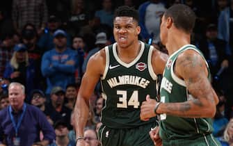 1181490700 OKLAHOMA CITY, OK- NOVEMBER 10: Giannis Antetokounmpo #34 of the Milwaukee Bucks reacts to a play during the game against the Oklahoma City Thunder on November 10, 2019 at Chesapeake Energy Arena in Oklahoma City, Oklahoma. NOTE TO USER: User expressly acknowledges and agrees that, by downloading and or using this photograph, User is consenting to the terms and conditions of the Getty Images License Agreement. Mandatory Copyright Notice: Copyright 2019 NBAE (Photo by Zach Beeker/NBAE via Getty Images)