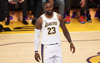 LOS ANGELES, CA - NOVEMBER 10: LeBron James #23 of the Los Angeles Lakers smiles during a game against the Toronto Raptors on November 10, 2019 at STAPLES Center in Los Angeles, California. NOTE TO USER: User expressly acknowledges and agrees that, by downloading and/or using this Photograph, user is consenting to the terms and conditions of the Getty Images License Agreement. Mandatory Copyright Notice: Copyright 2019 NBAE (Photo by Adam Pantozzi/NBAE via Getty Images)