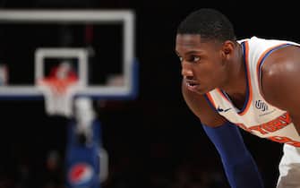 NEW YORK, NY - NOVEMBER 10: RJ Barrett #9 of the New York Knicks looks on against the Cleveland Cavaliers on November 10, 2019 at Madison Square Garden in New York City, New York.  NOTE TO USER: User expressly acknowledges and agrees that, by downloading and or using this photograph, User is consenting to the terms and conditions of the Getty Images License Agreement. Mandatory Copyright Notice: Copyright 2019 NBAE  (Photo by Nathaniel S. Butler/NBAE via Getty Images)