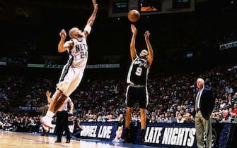 EAST RUTHERFORD, NJ - JUNE 8:  Tony Parker #9 of the San Antonio Spurs attempts a shot against Richard Jefferson #24 of the New Jersey Nets during Game three of the NBA Finals at the Continental Airlines Arena on June 8, 2003 in East Rutherford, New Jersey.  The Spurs won 84-79.  NOTE TO USER: User expressly acknowledges and agrees that, by downloading and or using this  photograph, User is consenting to the terms and conditions of the Getty Images License Agreement.  Copyright NBAE 2003 (Photo by Nathaniel S. Butler/NBAE via Getty Images) 