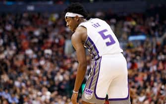 TORONTO, ON - NOVEMBER 06: De'Aaron Fox #5 of the Sacramento Kings is seen during second half of their NBA game against the Toronto Raptors at Scotiabank Arena on November 6, 2019 in Toronto, Canada. NOTE TO USER: User expressly acknowledges and agrees that, by downloading and or using this photograph, User is consenting to the terms and conditions of the Getty Images License Agreement. (Photo by Cole Burston/Getty Images)