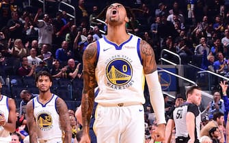 SAN FRANCISCO, CA - NOVEMBER 11: D'Angelo Russell #0 of the Golden State Warriors reacts to a play against the Utah Jazz on November 11, 2019 at Chase Center in San Francisco, California. NOTE TO USER: User expressly acknowledges and agrees that, by downloading and or using this photograph, user is consenting to the terms and conditions of Getty Images License Agreement. Mandatory Copyright Notice: Copyright 2019 NBAE (Photo by Noah Graham/NBAE via Getty Images)