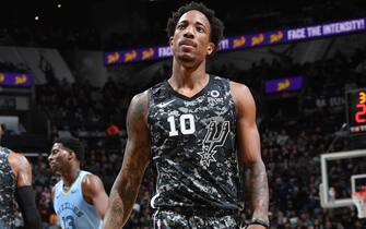 1181818343 SAN ANTONIO, TX - NOVEMBER 11: DeMar DeRozan #10 of the San Antonio Spurs looks on during a game against the Memphis Grizzlies on November 11, 2019 at the AT&T Center in San Antonio, Texas. NOTE TO USER: User expressly acknowledges and agrees that, by downloading and or using this photograph, user is consenting to the terms and conditions of the Getty Images License Agreement. Mandatory Copyright Notice: Copyright 2019 NBAE (Photos by Andrew D. Bernstein/NBAE via Getty Images)