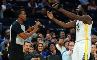 SAN FRANCISCO, CALIFORNIA - NOVEMBER 11: Draymond Green #23 of the Golden State Warriors is ejected by referee Sean Wright #4 during the second half against the Utah Jazz at Chase Center on November 11, 2019 in San Francisco, California. NOTE TO USER: User expressly acknowledges and agrees that, by downloading and/or using this photograph, user is consenting to the terms and conditions of the Getty Images License Agreement. (Photo by Daniel Shirey/Getty Images)