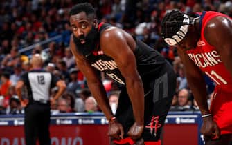 1181819479 NEW ORLEANS, LA - NOVEMBER 11: James Harden #13 of the Houston Rockets looks on during the game against the New Orleans Pelicans on November 11, 2019 at the Smoothie King Center in New Orleans, Louisiana. NOTE TO USER: User expressly acknowledges and agrees that, by downloading and or using this Photograph, user is consenting to the terms and conditions of the Getty Images License Agreement. Mandatory Copyright Notice: Copyright 2019 NBAE (Photo by Jeff Haynes/NBAE via Getty Images)