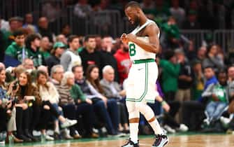 BOSTON, MA - NOVEMBER 11:  Kemba Walker #8 of the Boston Celtics reacts during a game against the Dallas Mavericks at TD Garden on November 11, 2019 in Boston, Massachusetts. NOTE TO USER: User expressly acknowledges and agrees that, by downloading and or using this photograph, User is consenting to the terms and conditions of the Getty Images License Agreement. (Photo by Adam Glanzman/Getty Images)