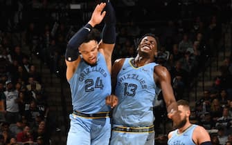 SAN ANTONIO, TX - NOVEMBER 11: Dillon Brooks #24 of the Memphis Grizzlies and Jaren Jackson Jr. #13 of the Memphis Grizzlies reacts during a game against the San Antonio Spurs on November 11, 2019 at the AT&T Center in San Antonio, Texas. NOTE TO USER: User expressly acknowledges and agrees that, by downloading and or using this photograph, user is consenting to the terms and conditions of the Getty Images License Agreement. Mandatory Copyright Notice: Copyright 2019 NBAE (Photos by Andrew D. Bernstein/NBAE via Getty Images)