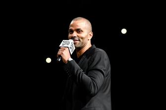 SAN ANTONIO, TX - NOVEMBER 11: NBA Legend, Tony Parker speaks at his jersey retirement on November 11, 2019 at the AT&T Center in San Antonio, Texas. NOTE TO USER: User expressly acknowledges and agrees that, by downloading and or using this photograph, user is consenting to the terms and conditions of the Getty Images License Agreement. Mandatory Copyright Notice: Copyright 2019 NBAE (Photos by Logan Riely/NBAE via Getty Images)