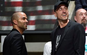 1181818506 SAN ANTONIO, TX - NOVEMBER 11: NBA Legends, Tony Parker, Manu Ginóbili attend the game between the San Antonio Spurs and the Memphis Grizzlies on November 11, 2019 at the AT&T Center in San Antonio, Texas. NOTE TO USER: User expressly acknowledges and agrees that, by downloading and or using this photograph, user is consenting to the terms and conditions of the Getty Images License Agreement. Mandatory Copyright Notice: Copyright 2019 NBAE (Photos by Logan Riely/NBAE via Getty Images)