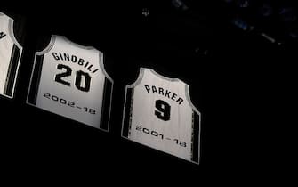 SAN ANTONIO, TX - NOVEMBER 11: A shot of Tony Parker jersey being retired and raise into the rafters on November 11, 2019 at the AT&T Center in San Antonio, Texas. NOTE TO USER: User expressly acknowledges and agrees that, by downloading and or using this photograph, user is consenting to the terms and conditions of the Getty Images License Agreement. Mandatory Copyright Notice: Copyright 2019 NBAE (Photos by Logan Riely/NBAE via Getty Images)