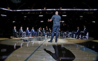 SAN ANTONIO,TX - NOVEMBER 11: Boris Diaw talks  during the Tony Parker jersey retirement ceremony at AT&T Center on November 11, 2019 in San Antonio, Texas.  NOTE TO USER: User expressly acknowledges and agrees that , by downloading and or using this photograph, User is consenting to the terms and conditions of the Getty Images License Agreement. (Photo by Ronald Cortes/Getty Images)