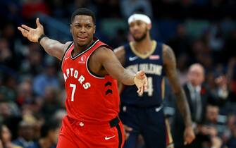 NEW ORLEANS, LOUISIANA - NOVEMBER 08:  Kyle Lowry #7 of the Toronto Raptors reacts to a call during a NBA game against the New Orleans Pelicans at the Smoothie King Center on November 08, 2019 in New Orleans, Louisiana. NOTE TO USER: User expressly acknowledges and agrees that, by downloading and or using this photograph, User is consenting to the terms and conditions of the Getty Images License Agreement.  (Photo by Sean Gardner/Getty Images)