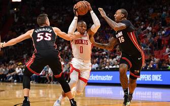 MIAMI, FLORIDA - NOVEMBER 03: Russell Westbrook #0 of the Houston Rockets in action against the Miami Heat in the first half at American Airlines Arena on November 03, 2019 in Miami, Florida. NOTE TO USER: User expressly acknowledges and agrees that, by downloading and or using this photograph, User is consenting to the terms and conditions of the Getty Images License Agreement. (Photo by Mark Brown/Getty Images) (Photo by Mark Brown/Getty Images)