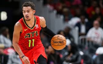 1184112338 ATLANTA, GA - OCTOBER 26: Trae Young #11 of the Atlanta Hawks handles the ball during a game against the Orlando Magic at State Farm Arena on October 26, 2019 in Atlanta, Georgia. NOTE TO USER: User expressly acknowledges and agrees that, by downloading and or using this photograph, User is consenting to the terms and conditions of the Getty Images License Agreement. (Photo by Carmen Mandato/Getty Images)