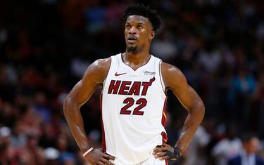 MIAMI, FLORIDA - DECEMBER 08:  Jimmy Butler #22 of the Miami Heat looks on against the Chicago Bulls during the second half at American Airlines Arena on December 08, 2019 in Miami, Florida. NOTE TO USER: User expressly acknowledges and agrees that, by downloading and/or using this photograph, user is consenting to the terms and conditions of the Getty Images License Agreement. (Photo by Michael Reaves/Getty Images)
