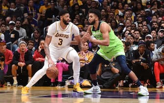 LOS ANGELES, CA - DECEMBER 8: Anthony Davis #3 of the Los Angeles Lakers handles the ball against the Minnesota Timberwolves on December 8, 2019 at STAPLES Center in Los Angeles, California. NOTE TO USER: User expressly acknowledges and agrees that, by downloading and/or using this Photograph, user is consenting to the terms and conditions of the Getty Images License Agreement. Mandatory Copyright Notice: Copyright 2019 NBAE (Photo by Adam Pantozzi/NBAE via Getty Images)