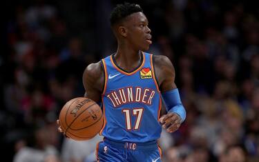 DENVER, COLORADO - DECEMBER 14: Dennis Schroder #17  of the Oklahoma City Thunder brings the ball down the court against the Denver Nuggets at Pepsi Center on December 14, 2019 in Denver, Colorado. NOTE TO USER: User expressly acknowledges and agrees that, by downloading and or using this photograph, User is consenting to the terms and conditions of the Getty Images License Agreement. (Photo by Matthew Stockman/Getty Images)