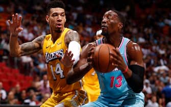 MIAMI, FL - DECEMBER 13: Bam Adebayo #13 of the Miami Heat handles the ball against the Los Angeles Lakers on December 13 , 2019 at American Airlines Arena in Miami, Florida. NOTE TO USER: User expressly acknowledges and agrees that, by downloading and or using this Photograph, user is consenting to the terms and conditions of the Getty Images License Agreement. Mandatory Copyright Notice: Copyright 2019 NBAE (Photo by Issac Baldizon/NBAE via Getty Images)