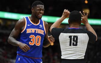 CHICAGO, ILLINOIS - NOVEMBER 12:  Julius Randle #30 of the New York Knicks reacts to a called foul by referee James Capers #19 during the second half of a game against the Chicago Bulls at United Center on November 12, 2019 in Chicago, Illinois. NOTE TO USER: User expressly acknowledges and agrees that, by downloading and or using this photograph, User is consenting to the terms and conditions of the Getty Images License Agreement. (Photo by Stacy Revere/Getty Images)
