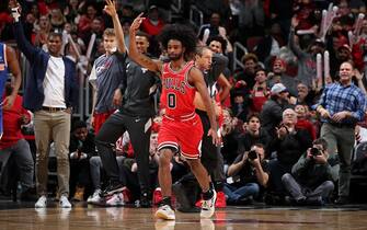 CHICAGO, IL - NOVEMBER 12: Coby White #0 of the Chicago Bulls reacts to a play during the game against the New York Knicks on November 12, 2019 at the United Center in Chicago, Illinois. NOTE TO USER: User expressly acknowledges and agrees that, by downloading and or using this photograph, user is consenting to the terms and conditions of the Getty Images License Agreement.  Mandatory Copyright Notice: Copyright 2019 NBAE (Photo by Gary Dineen/NBAE via Getty Images)