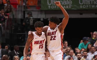 MIAMI, FL - NOVEMBER 12: Daryl Macon #15 and Jimmy Butler #22 of the Miami Heat celebrate during a game against the Detroit Pistons on November 12, 2019 at American Airlines Arena in Miami, Florida. NOTE TO USER: User expressly acknowledges and agrees that, by downloading and or using this Photograph, user is consenting to the terms and conditions of the Getty Images License Agreement. Mandatory Copyright Notice: Copyright 2019 NBAE (Photo by Issac Baldizon/NBAE via Getty Images)