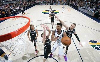 SALT LAKE CITY, UT - NOVEMBER 12: Donovan Mitchell #45 of the Utah Jazz shoots the ball against the Brooklyn Nets on November 12, 2019 at vivint.SmartHome Arena in Salt Lake City, Utah. NOTE TO USER: User expressly acknowledges and agrees that, by downloading and or using this Photograph, User is consenting to the terms and conditions of the Getty Images License Agreement. Mandatory Copyright Notice: Copyright 2019 NBAE (Photo by Melissa Majchrzak/NBAE via Getty Images)