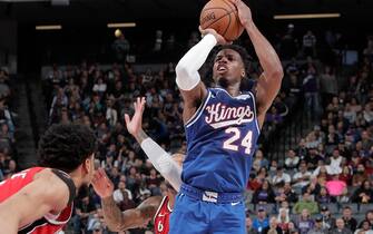 SACRAMENTO, CA - NOVEMBER 12: Buddy Hield #24 of the Sacramento Kings shoots the ball against the Portland Trail Blazers on November 12, 2019 at Golden 1 Center in Sacramento, California. NOTE TO USER: User expressly acknowledges and agrees that, by downloading and or using this Photograph, user is consenting to the terms and conditions of the Getty Images License Agreement. Mandatory Copyright Notice: Copyright 2019 NBAE (Photo by Rocky Widner/NBAE via Getty Images)