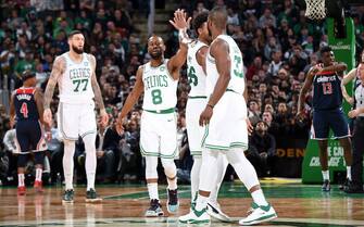 1182193956 BOSTON, MA - NOVEMBER 13: The Boston Celtics celebrate during the game against the Washington Wizards on November 13, 2019 at the TD Garden in Boston, Massachusetts. NOTE TO USER: User expressly acknowledges and agrees that, by downloading and or using this photograph, User is consenting to the terms and conditions of the Getty Images License Agreement. Mandatory Copyright Notice: Copyright 2019 NBAE (Photo by Brian Babineau/NBAE via Getty Images)