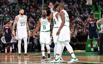 BOSTON, MA - NOVEMBER 13: The Boston Celtics celebrate during the game against the Washington Wizards  on November 13, 2019 at the TD Garden in Boston, Massachusetts.  NOTE TO USER: User expressly acknowledges and agrees that, by downloading and or using this photograph, User is consenting to the terms and conditions of the Getty Images License Agreement. Mandatory Copyright Notice: Copyright 2019 NBAE  (Photo by Brian Babineau/NBAE via Getty Images) 