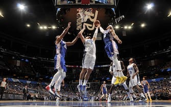 1182193508 ORLANDO, FL - NOVEMBER 13: Nikola Vucevic #9 of the Orlando Magic shoots the ball against the Philadelphia 76ers on November 13, 2019 at Amway Center in Orlando, Florida. NOTE TO USER: User expressly acknowledges and agrees that, by downloading and or using this photograph, User is consenting to the terms and conditions of the Getty Images License Agreement. Mandatory Copyright Notice: Copyright 2019 NBAE (Photo by Fernando Medina/NBAE via Getty Images)
