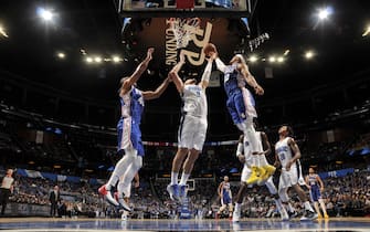 ORLANDO, FL - NOVEMBER 13: Nikola Vucevic #9 of the Orlando Magic shoots the ball against the Philadelphia 76ers on November 13, 2019 at Amway Center in Orlando, Florida. NOTE TO USER: User expressly acknowledges and agrees that, by downloading and or using this photograph, User is consenting to the terms and conditions of the Getty Images License Agreement. Mandatory Copyright Notice: Copyright 2019 NBAE (Photo by Fernando Medina/NBAE via Getty Images)