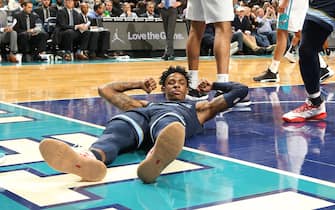 CHARLOTTE, NC - NOVEMBER 13: Ja Morant #12 of the Memphis Grizzlies reacts during a game against the Charlotte Hornets on November 7, 2019 at Spectrum Center in Charlotte, North Carolina. NOTE TO USER: User expressly acknowledges and agrees that, by downloading and or using this photograph, User is consenting to the terms and conditions of the Getty Images License Agreement.  Mandatory Copyright Notice:  Copyright 2019 NBAE (Photo by Kent Smith/NBAE via Getty Images) 