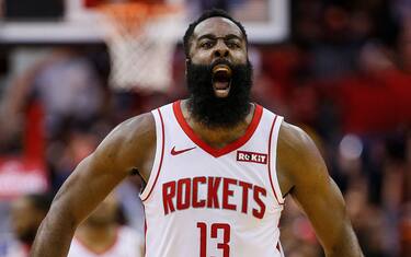 HOUSTON, TEXAS - NOVEMBER 13: James Harden #13 of the Houston Rockets reacts after hitting a three point shot against the Los Angeles Clippers during the fourth quarter at Toyota Center on November 13, 2019 in Houston, Texas. NOTE TO USER: User expressly acknowledges and agrees that, by downloading and/or using this photograph, user is consenting to the terms and conditions of the Getty Images License Agreement.  (Photo by Bob Levey/Getty Images)