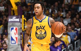 LOS ANGELES, CA - NOVEMBER 13: D'Angelo Russell #0 of the Golden State Warriors handles the ball against the Los Angeles Lakers on November 13, 2019 at STAPLES Center in Los Angeles, California. NOTE TO USER: User expressly acknowledges and agrees that, by downloading and/or using this Photograph, user is consenting to the terms and conditions of the Getty Images License Agreement. Mandatory Copyright Notice: Copyright 2019 NBAE (Photo by Andrew D. Bernstein/NBAE via Getty Images) 
