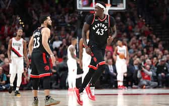 PORTLAND, OREGON - NOVEMBER 13: Pascal Siakam #43 of the Toronto Raptors reacts in the fourth quarter against the Portland Trail Blazers at Moda Center on November 13, 2019 in Portland, Oregon.  NOTE TO USER: User expressly acknowledges and agrees that, by downloading and or using this photograph, User is consenting to the terms and conditions of the Getty Images License Agreement (Photo by Abbie Parr/Getty Images) (Photo by Abbie Parr/Getty Images)