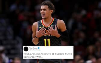 CHICAGO, ILLINOIS - OCTOBER 17: Trae Young #11 of the Atlanta Hawks reacts in the second quarter against the Chicago Bulls during a preseason game at the United Center on October 17, 2019 in Chicago, Illinois. NOTE TO USER: User expressly acknowledges and agrees that, by downloading and/or using this photograph, user is consenting to the terms and conditions of the Getty Images License Agreement. (Photo by Dylan Buell/Getty Images)